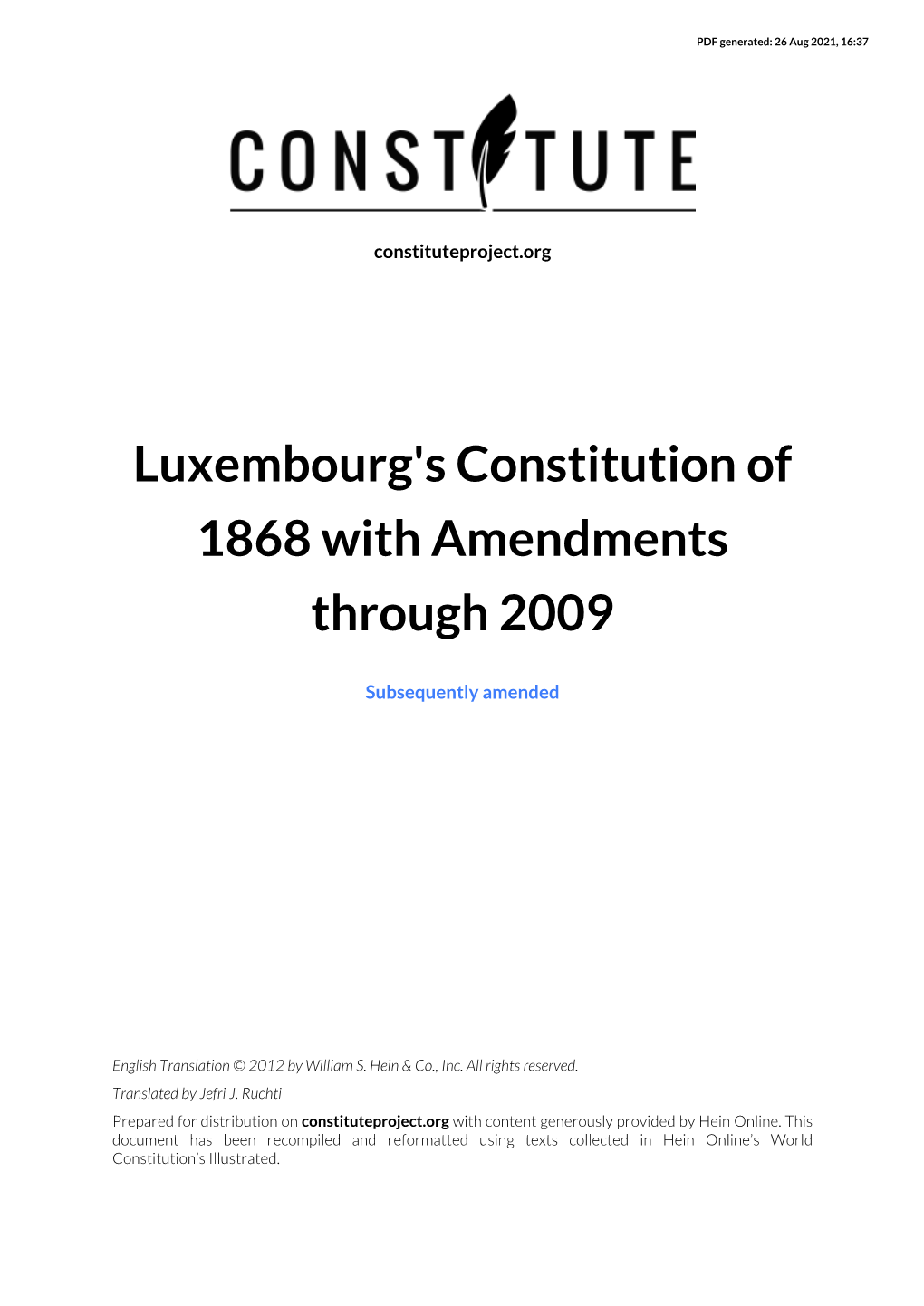 Luxembourg's Constitution of 1868 with Amendments Through 2009