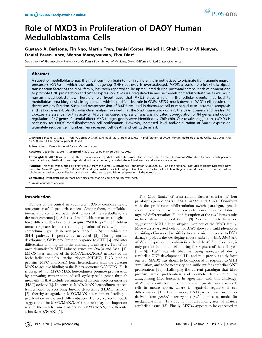 Role of MXD3 in Proliferation of DAOY Human Medulloblastoma Cells