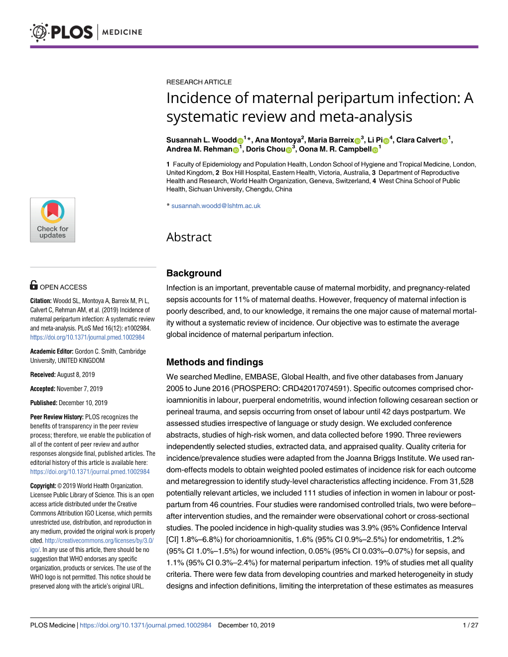 Incidence of Maternal Peripartum Infection: a Systematic Review and Meta-Analysis