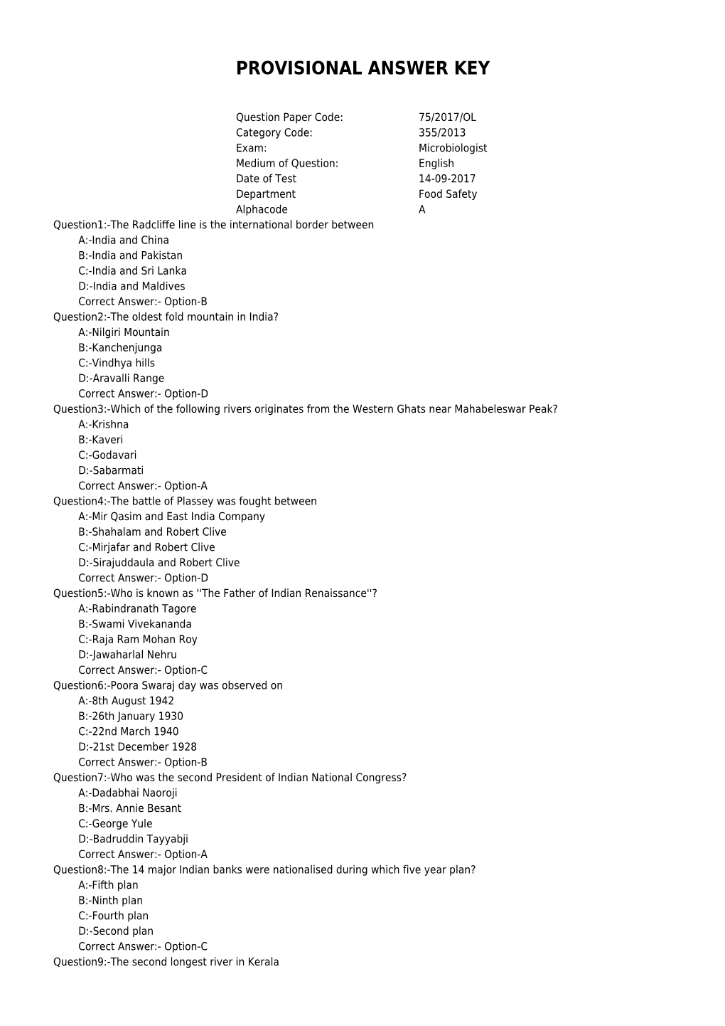 Provisional Answer Key