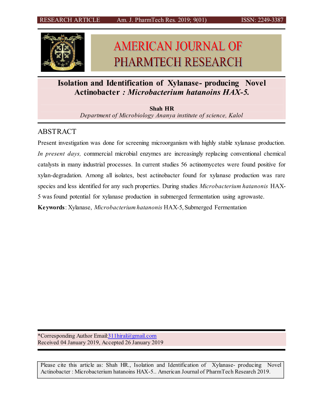 Isolation and Identification of Xylanase- Producing Novel Actinobacter : Microbacterium Hatanoins HAX-5