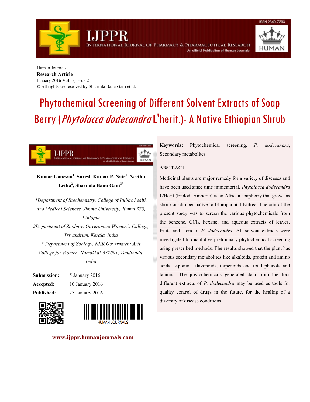 Phytochemical Screening of Different Solvent Extracts of Soap Berry (Phytolacca Dodecandra L'herit.)- a Native Ethiopian Shrub