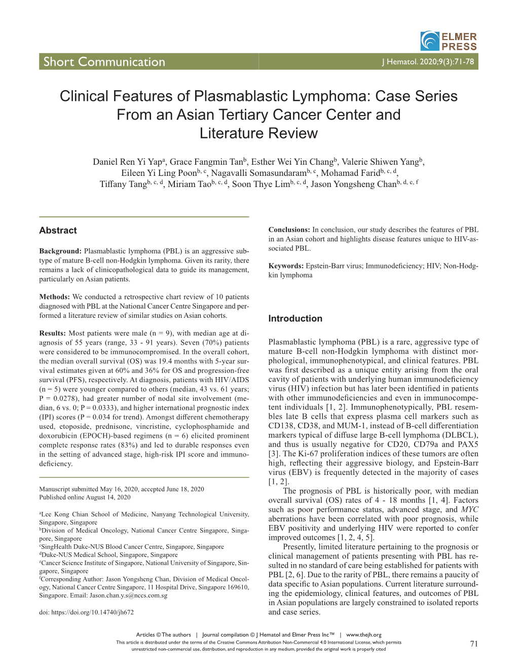 Clinical Features of Plasmablastic Lymphoma: Case Series from an Asian Tertiary Cancer Center and Literature Review