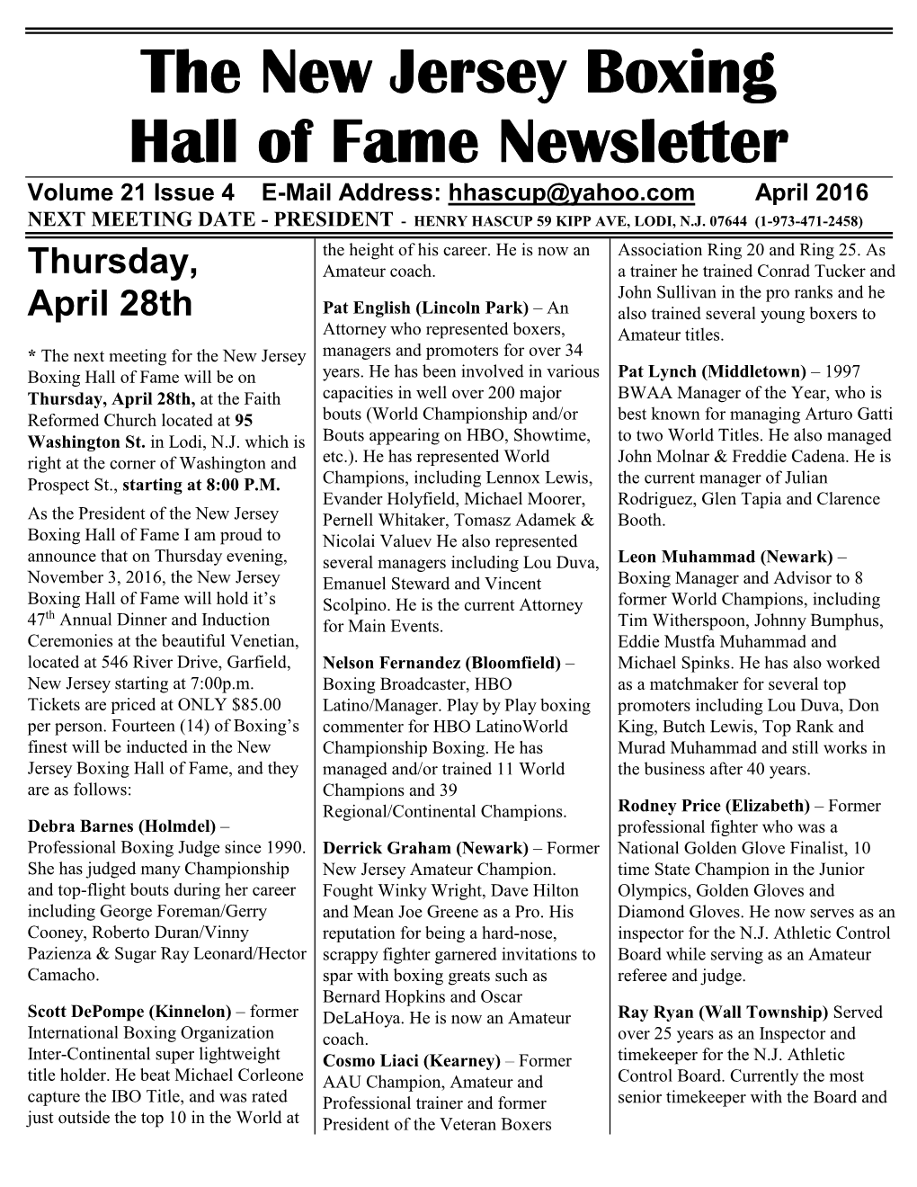 N.J. Boxing Hall of Fame Newsletter April 2016