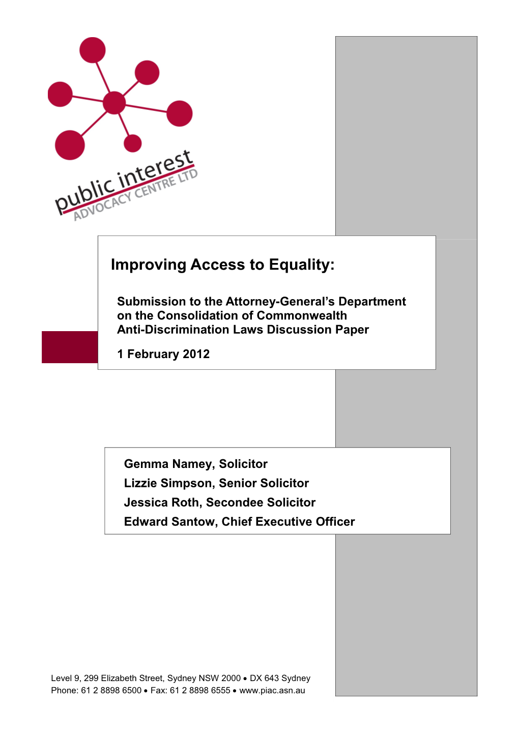 Submission on the Consolidation of Commonwealth Anti-Discrimination Laws - PIAC