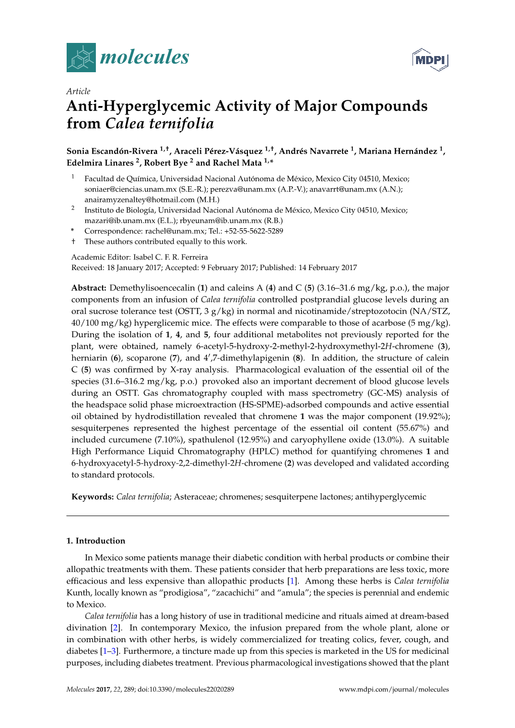 Anti-Hyperglycemic Activity of Major Compounds from Calea Ternifolia