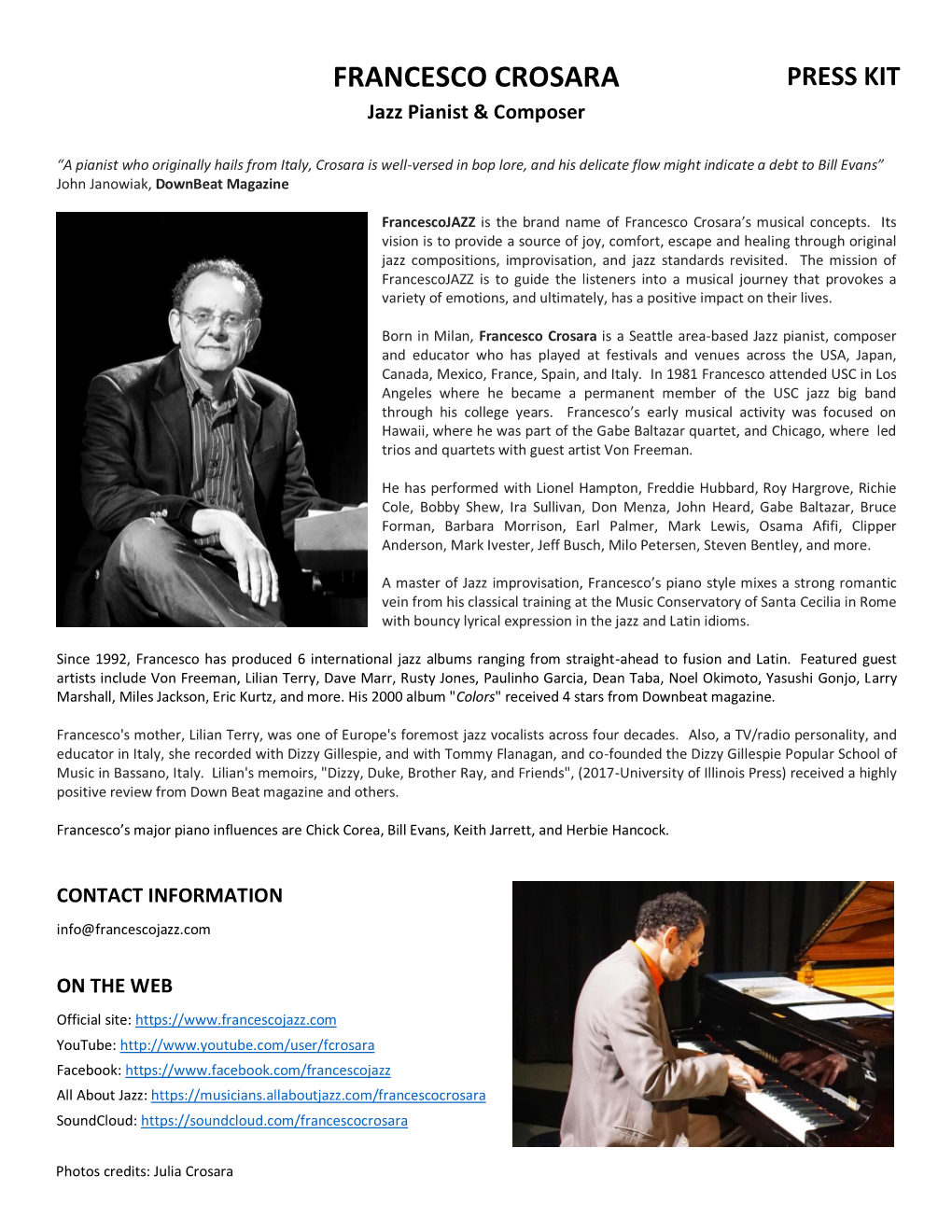 FRANCESCO CROSARA PRESS KIT Jazz Pianist & Composer