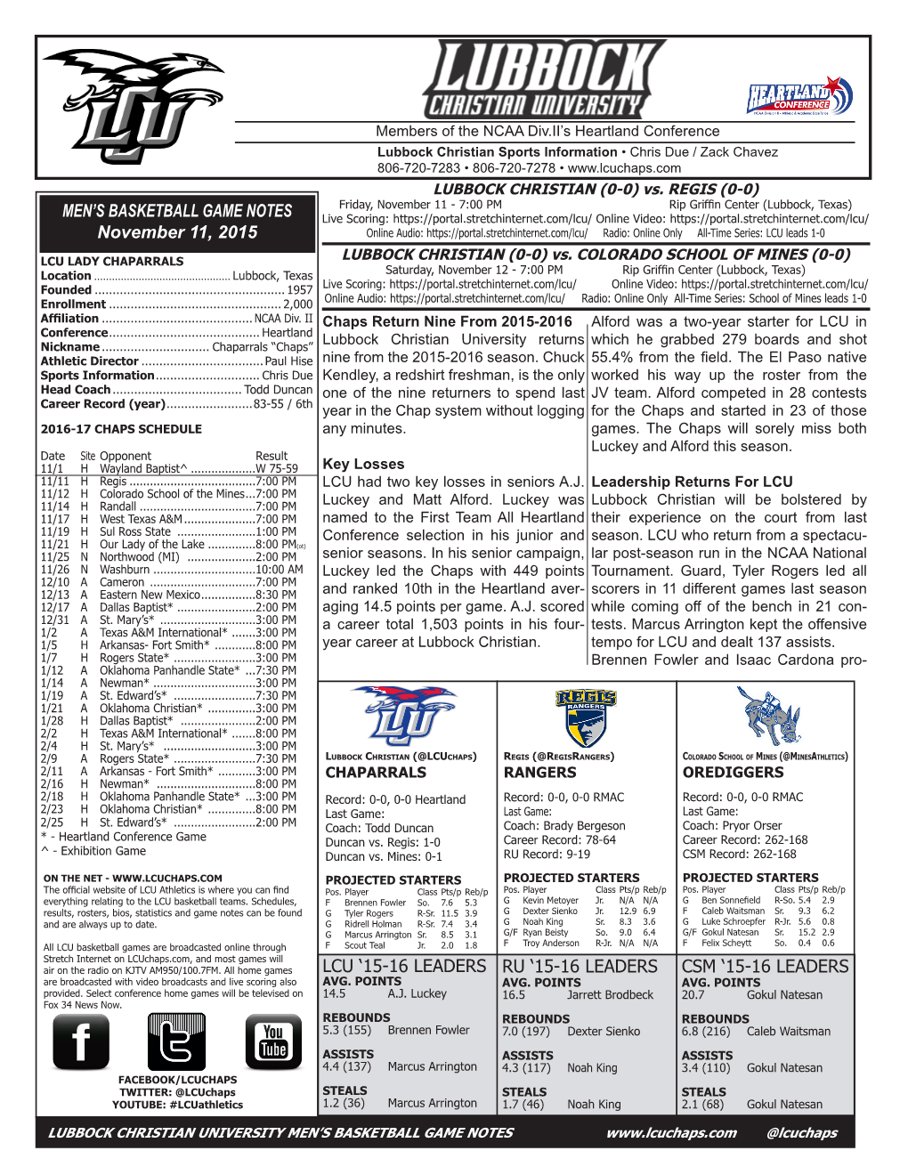 MEN's BASKETBALL GAME NOTES November 11, 2015 LCU '15