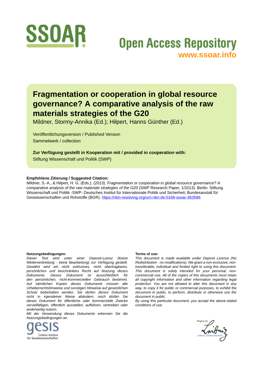 A Comparative Analysis of the Raw Materials Strategies of the G20 Mildner, Stormy-Annika (Ed.); Hilpert, Hanns Günther (Ed.)