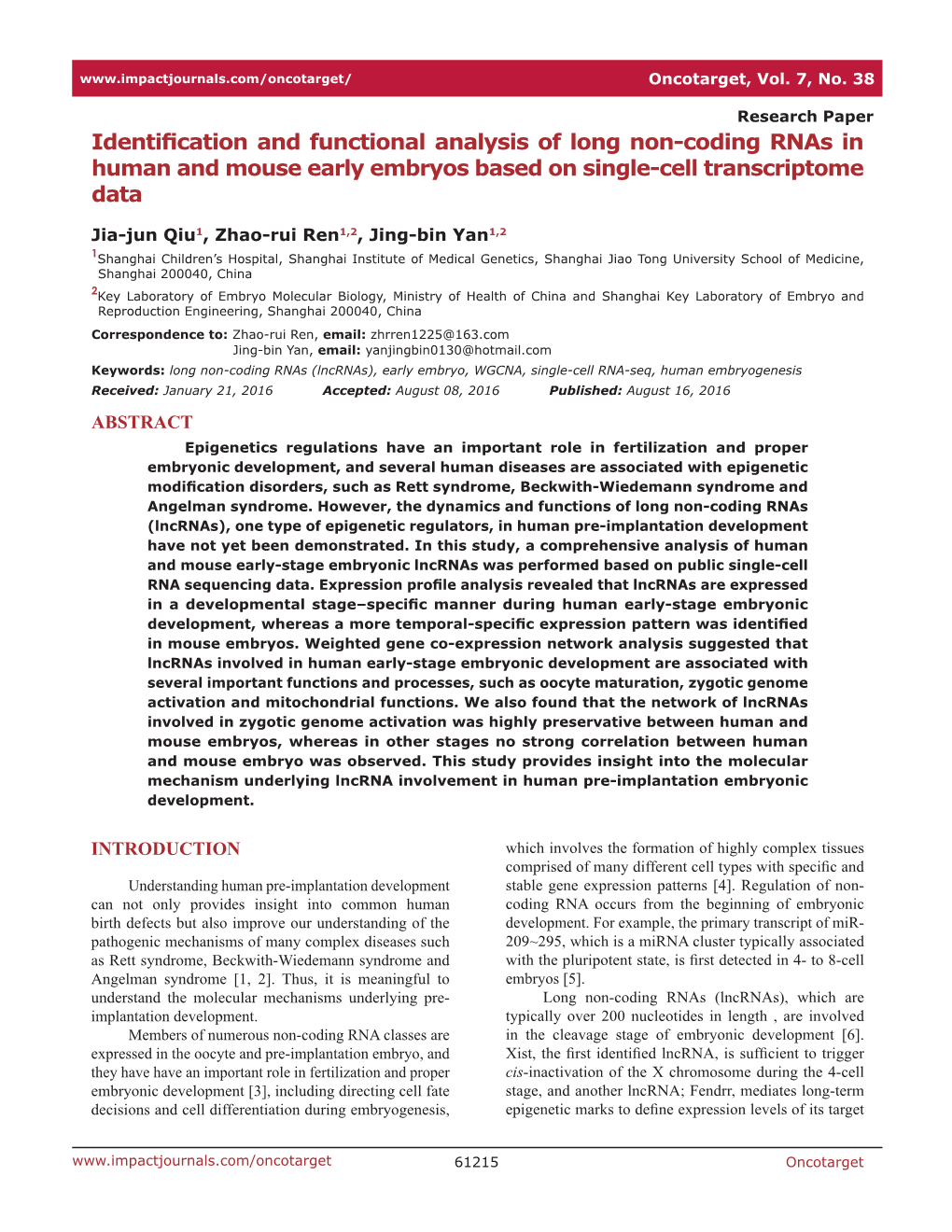 Identification and Functional Analysis of Long Non-Coding Rnas in Human and Mouse Early Embryos Based on Single-Cell Transcriptome Data