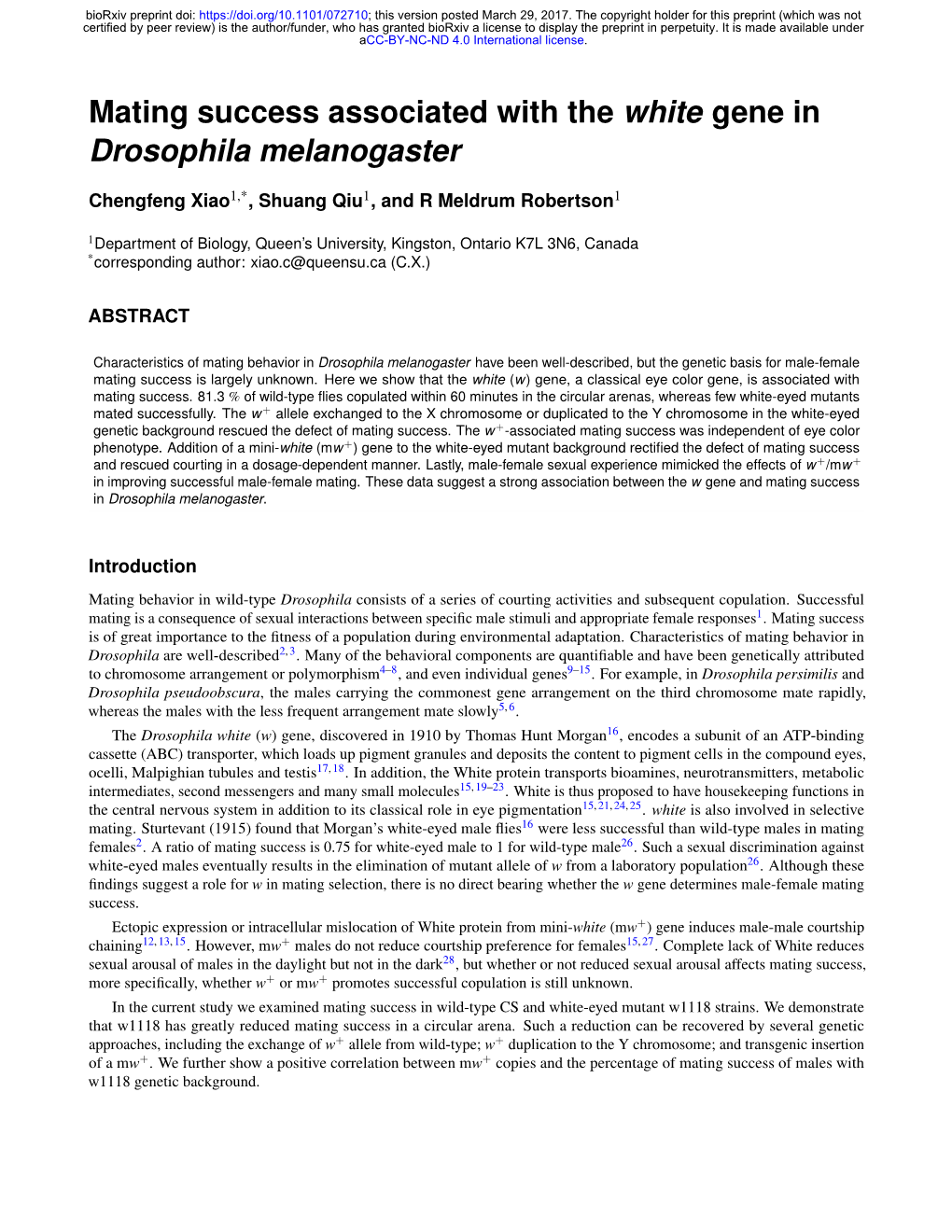 Mating Success Associated with the White Gene in Drosophila Melanogaster