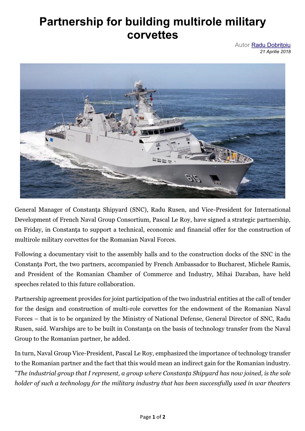 Partnership for Building Multirole Military Corvettes Autor Radu Dobrițoiu 21 Aprilie 2018