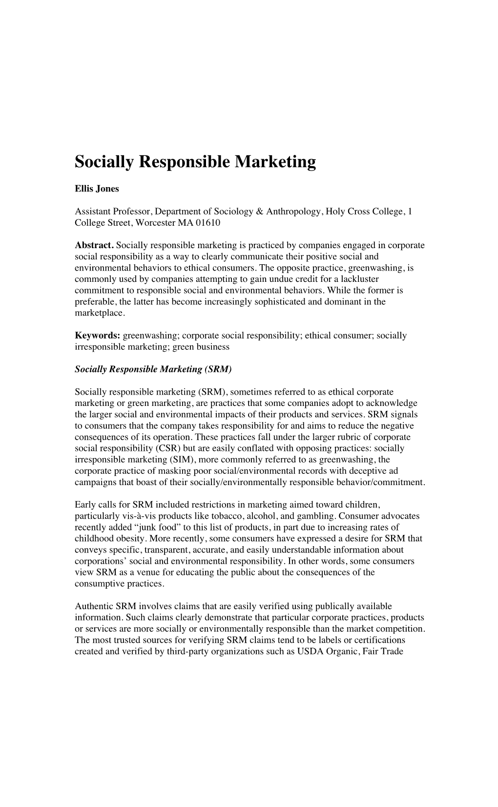 Socially Responsible Marketing and Greenwashing