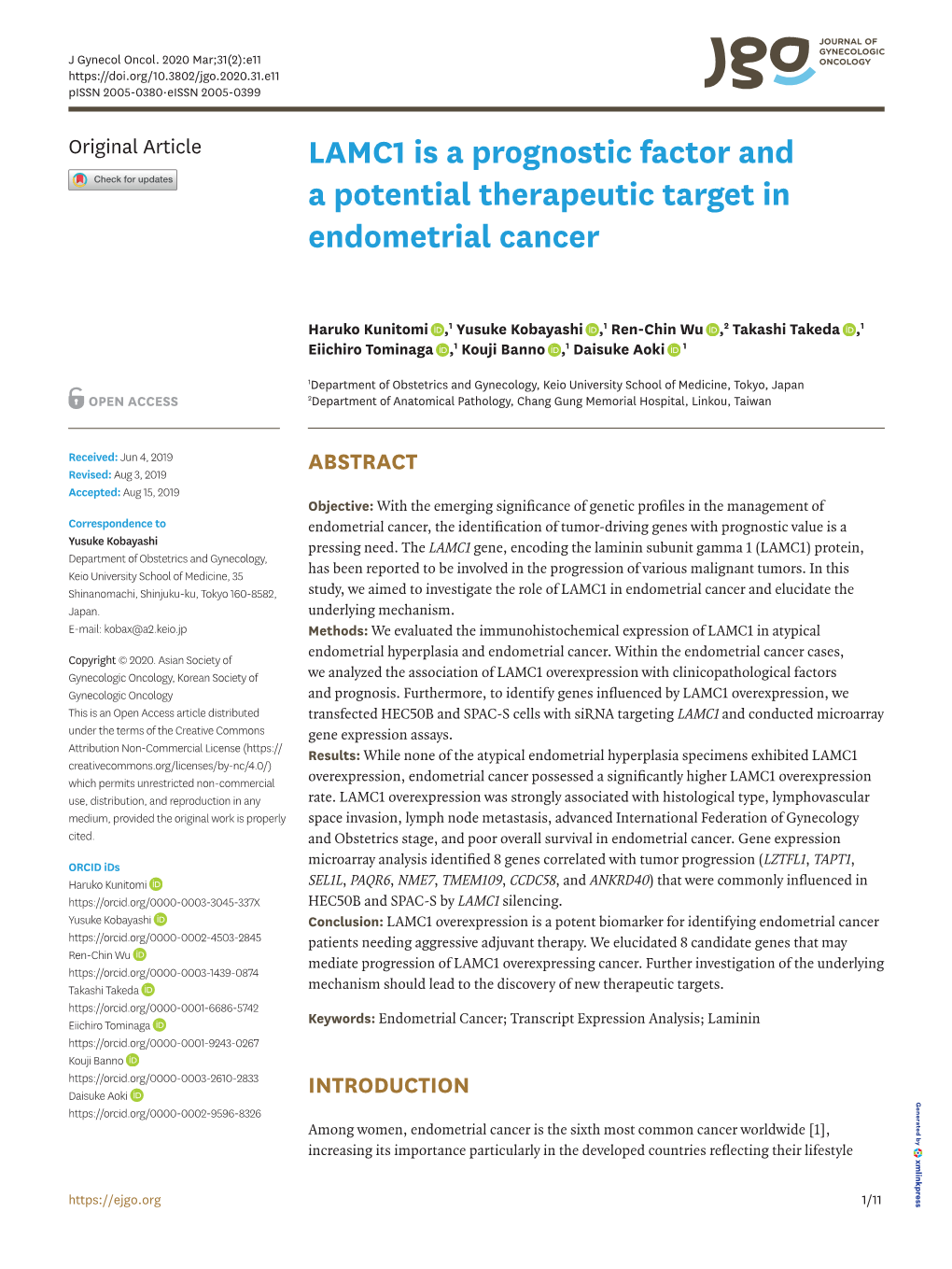 LAMC1 Is a Prognostic Factor and a Potential Therapeutic Target in Endometrial Cancer