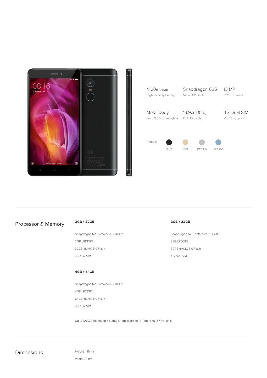 Redmi Note 4 Specification