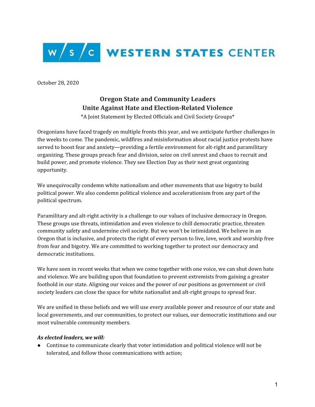 Oregon State and Community Leaders Unite Against Hate and Election-Related Violence *A Joint Statement by Elected Officials and Civil Society Groups*