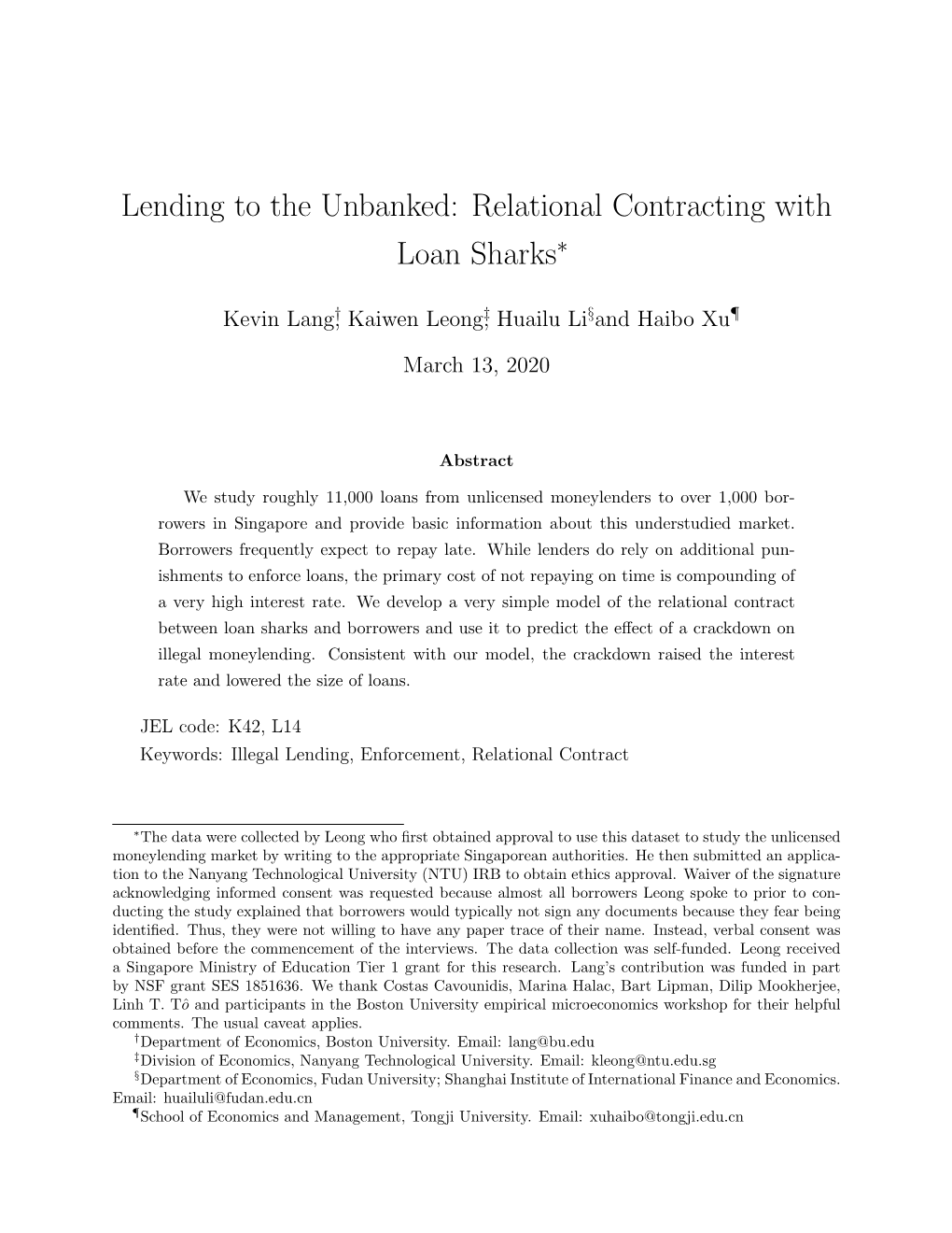 Lending to the Unbanked: Relational Contracting with Loan Sharks∗