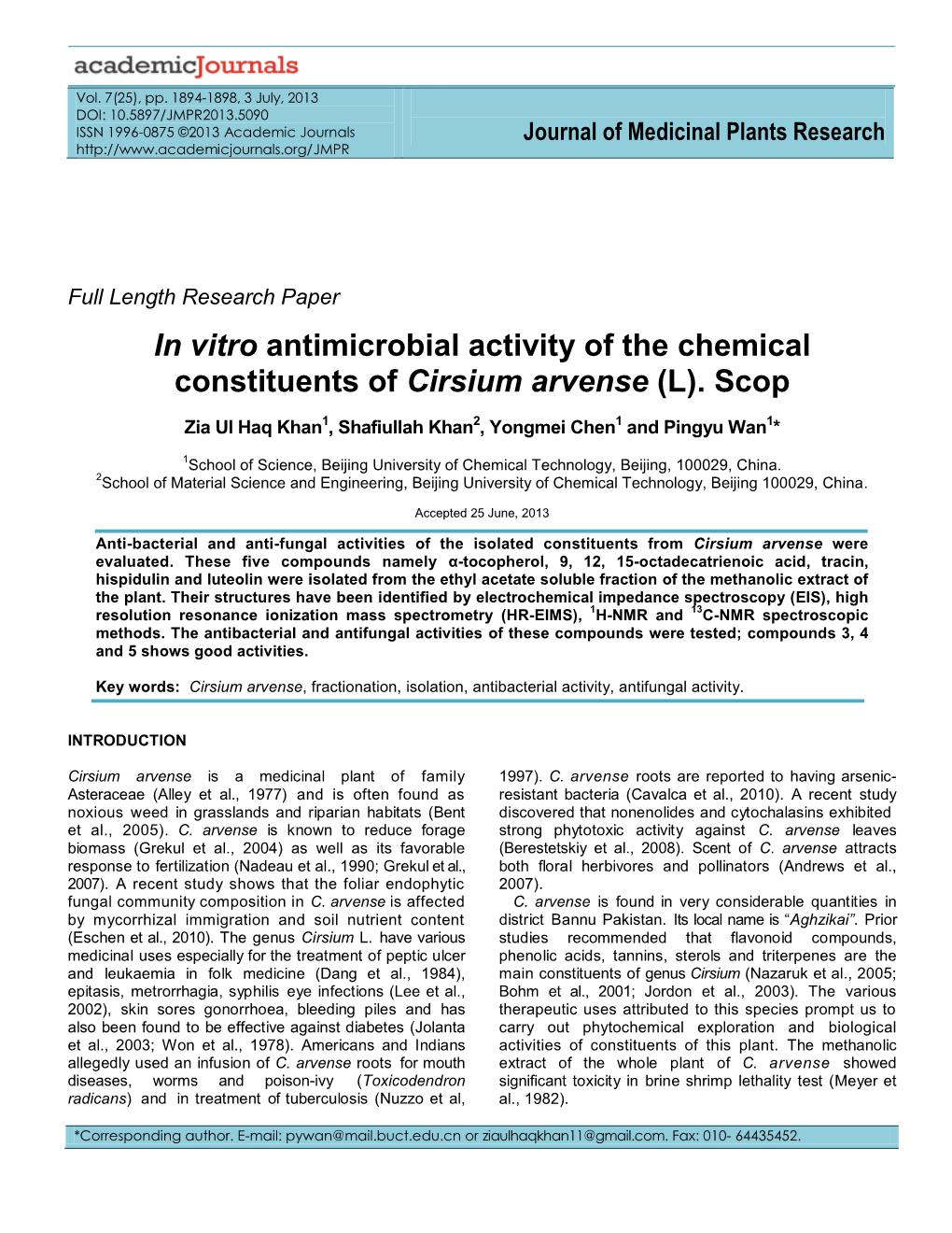 In Vitro Antimicrobial Activity of the Chemical Constituents of Cirsium Arvense (L)