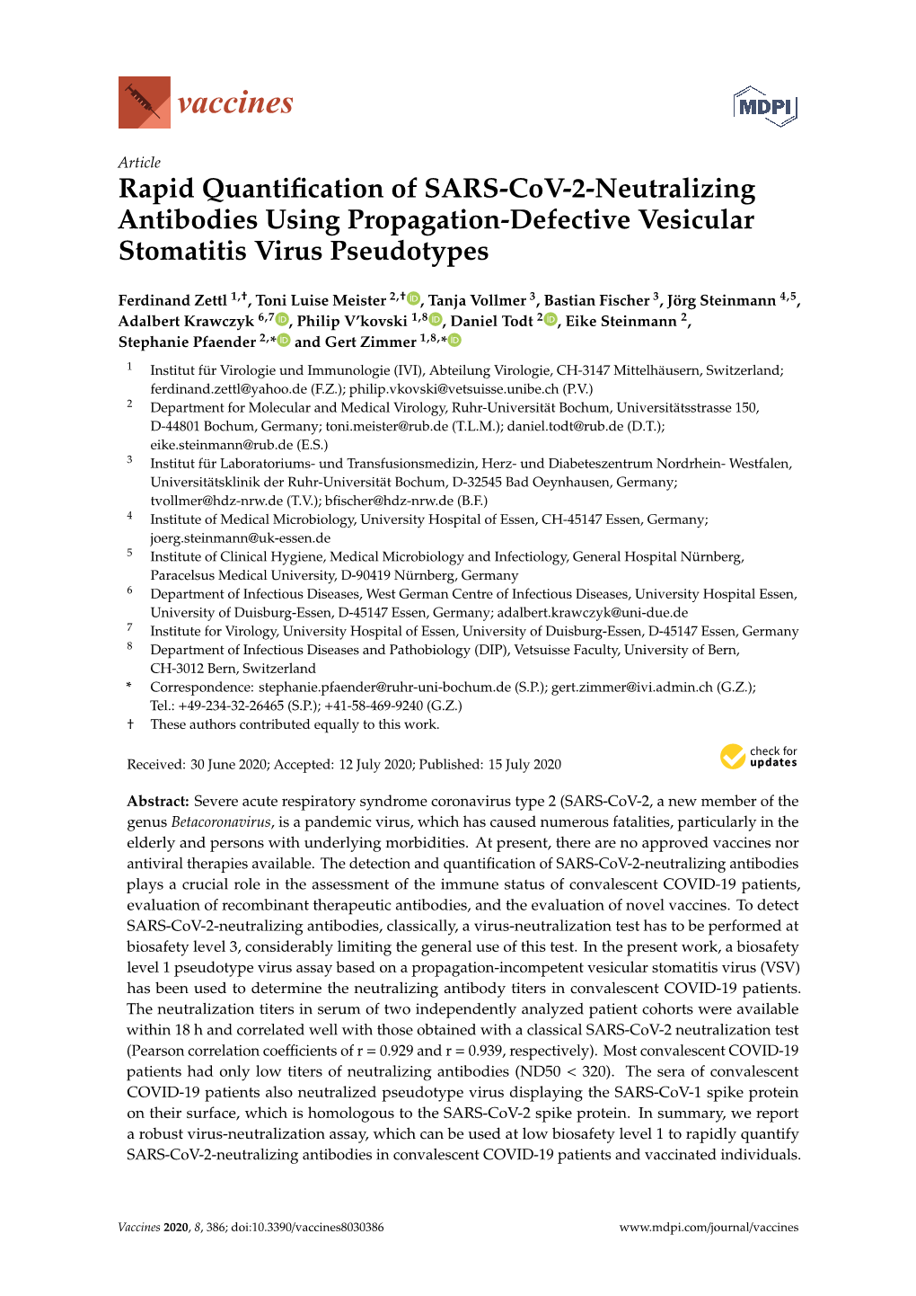 Rapid Quantification of SARS-Cov-2-Neutralizing Antibodies Using Propagation-Defective Vesicular Stomatitis Virus Pseudotypes