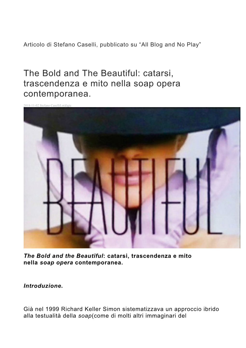 The Bold and the Beautiful: Catarsi, Trascendenza E Mito Nella Soap Opera Contemporanea