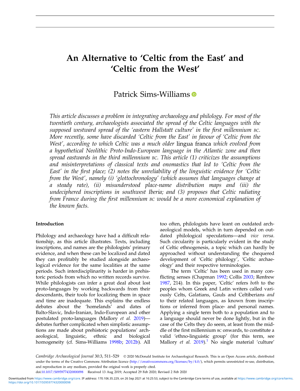 An Alternative to 'Celtic from the East' and 'Celtic from the West'