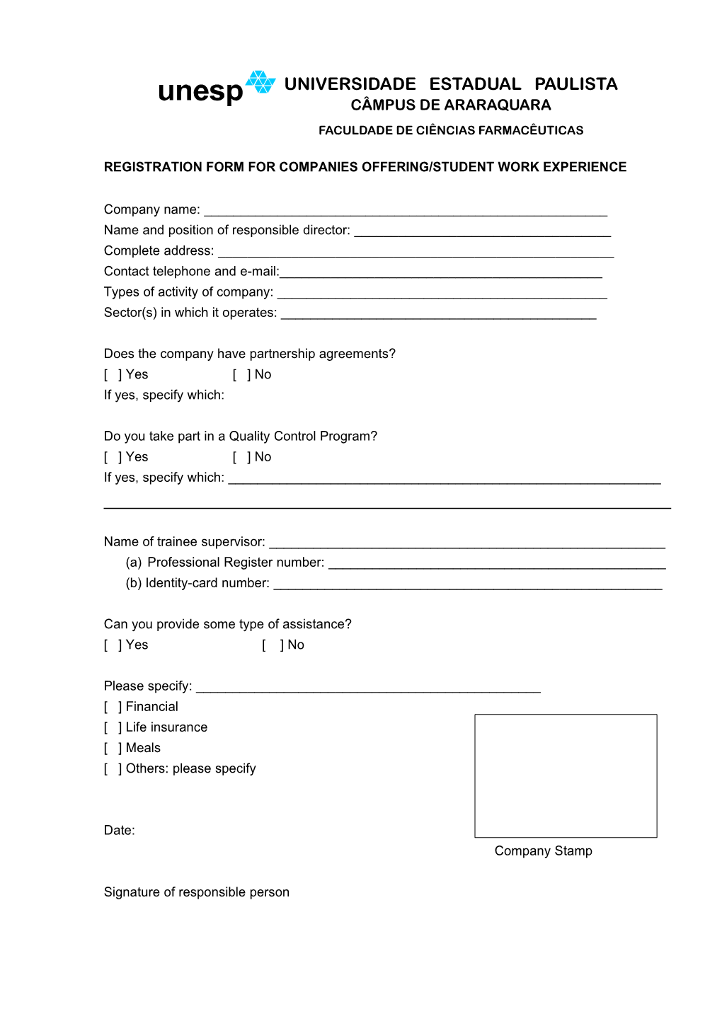 Registration Form for Companies Offering/Student Work Experience