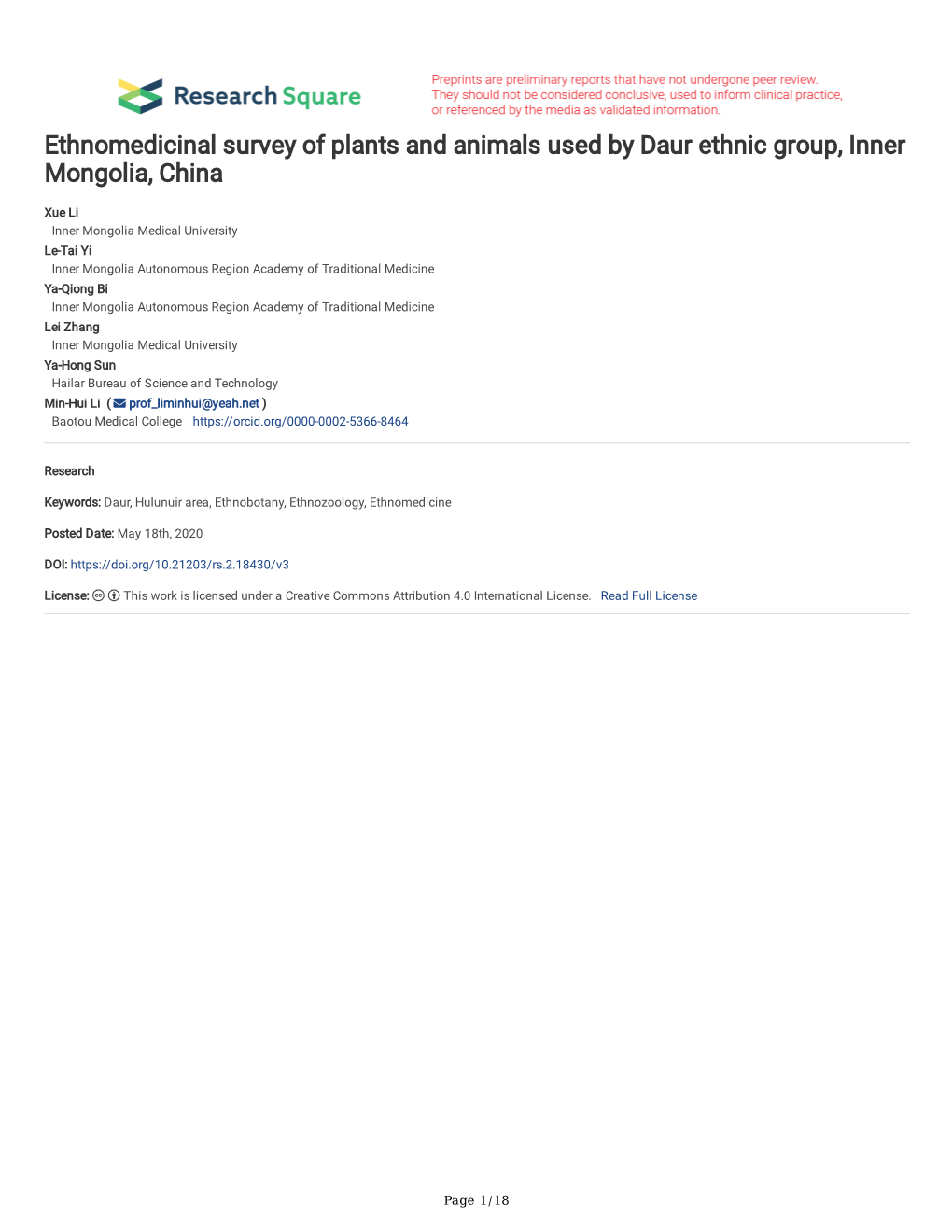 Ethnomedicinal Survey of Plants and Animals Used by Daur Ethnic Group, Inner Mongolia, China