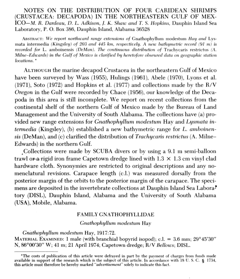 NOTES on the DISTRIBUTION of FOUR CARIDEAN SHRIMPS (CRUSTACEA: DECAPODA) in the NORTHEASTERN GULF of MEX- Laboratory, P. 0