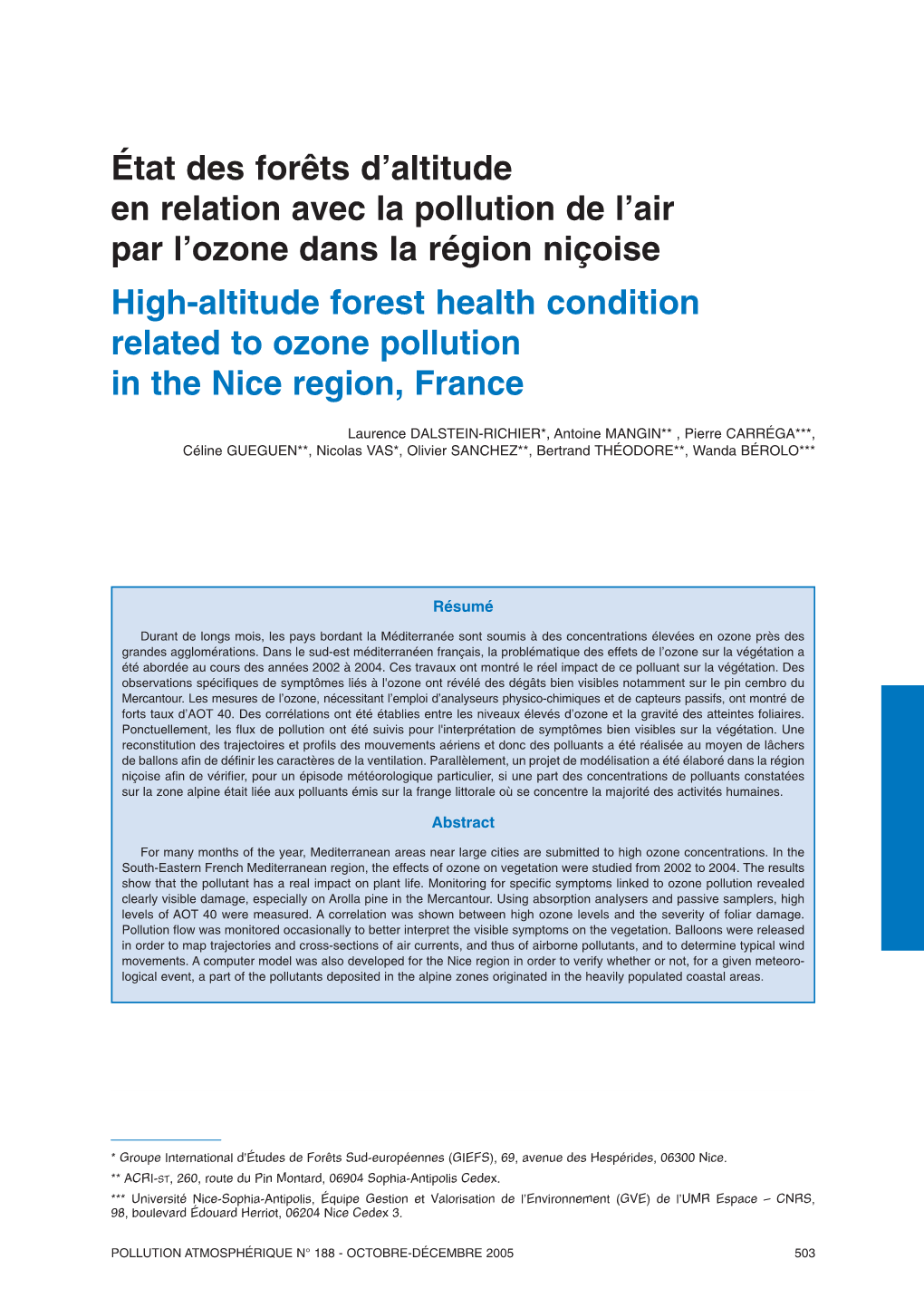 État Des Forêts D'altitude En Relation Avec La Pollution De L'air Par L'ozone