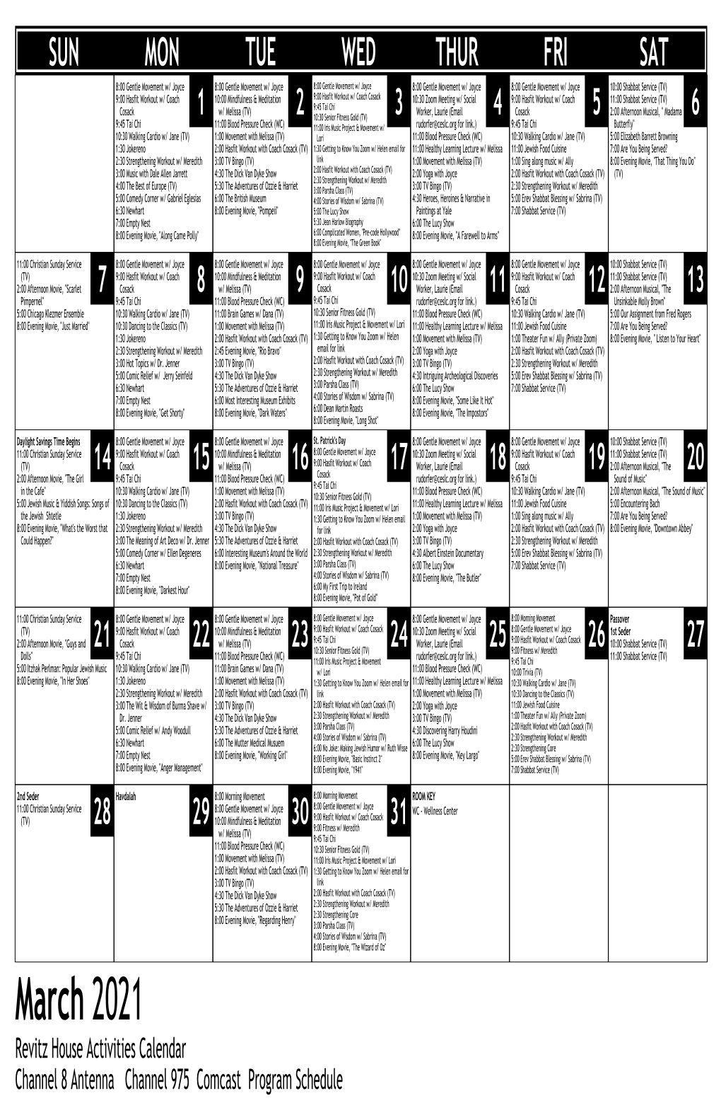 March 2021 Revitz House Activities Calendar Channel 8 Antenna Channel 975 Comcast Program Schedule