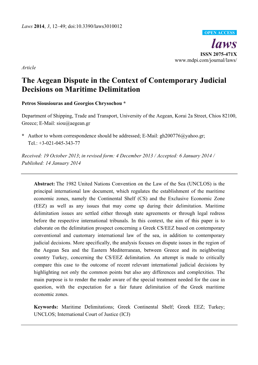 The Aegean Dispute in the Context of Contemporary Judicial Decisions on Maritime Delimitation