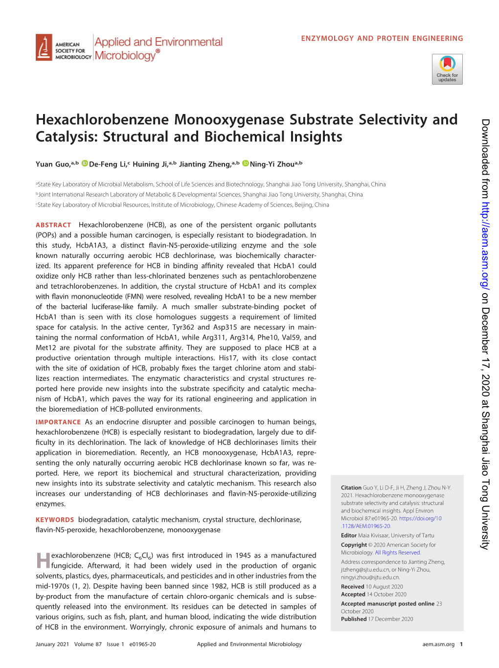 Hexachlorobenzene Monooxygenase Substrate Selectivity and Catalysis