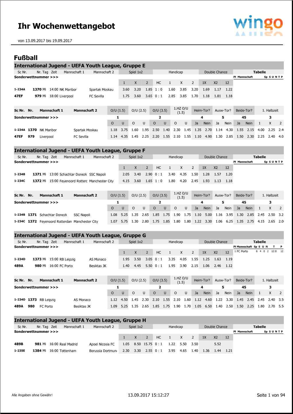 Standard Hoch Wochenliste