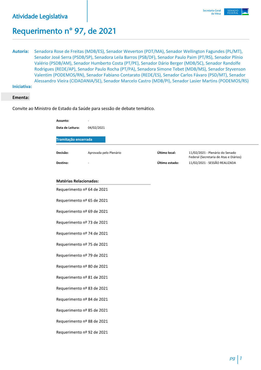 Requerimento N° 97, De 2021