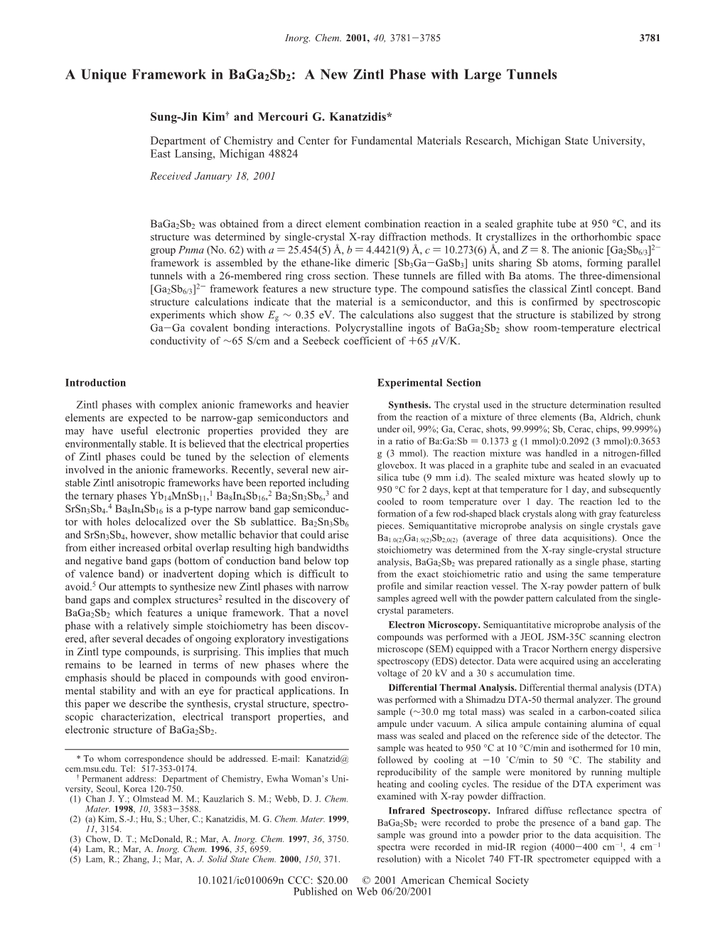 A Unique Framework in Baga2sb2: a New Zintl Phase with Large Tunnels