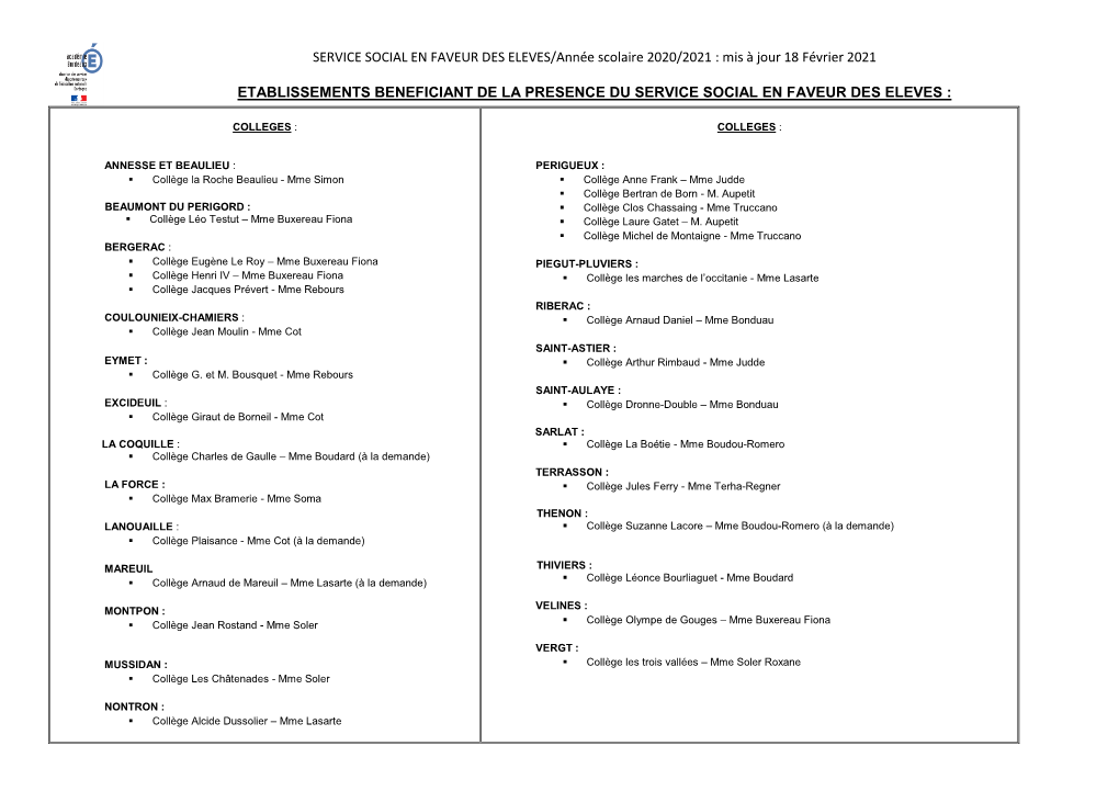 SERVICE SOCIAL EN FAVEUR DES ELEVES/Année Scolaire 2020/2021 : Mis À Jour 18 Février 2021