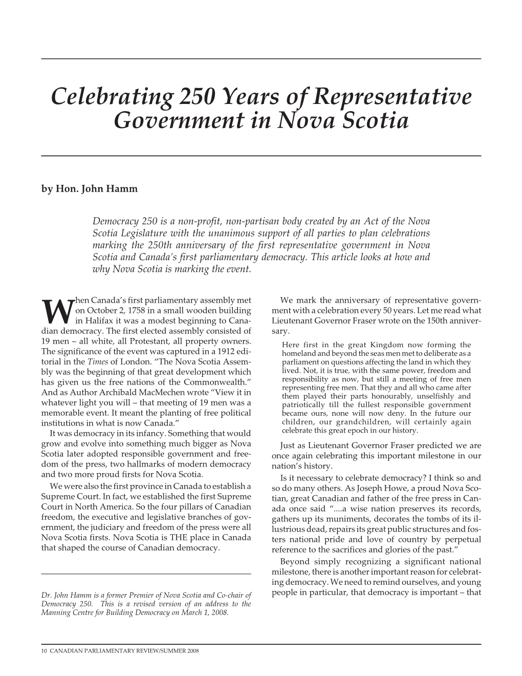 Celebrating 250 Years of Representative Government in Nova Scotia