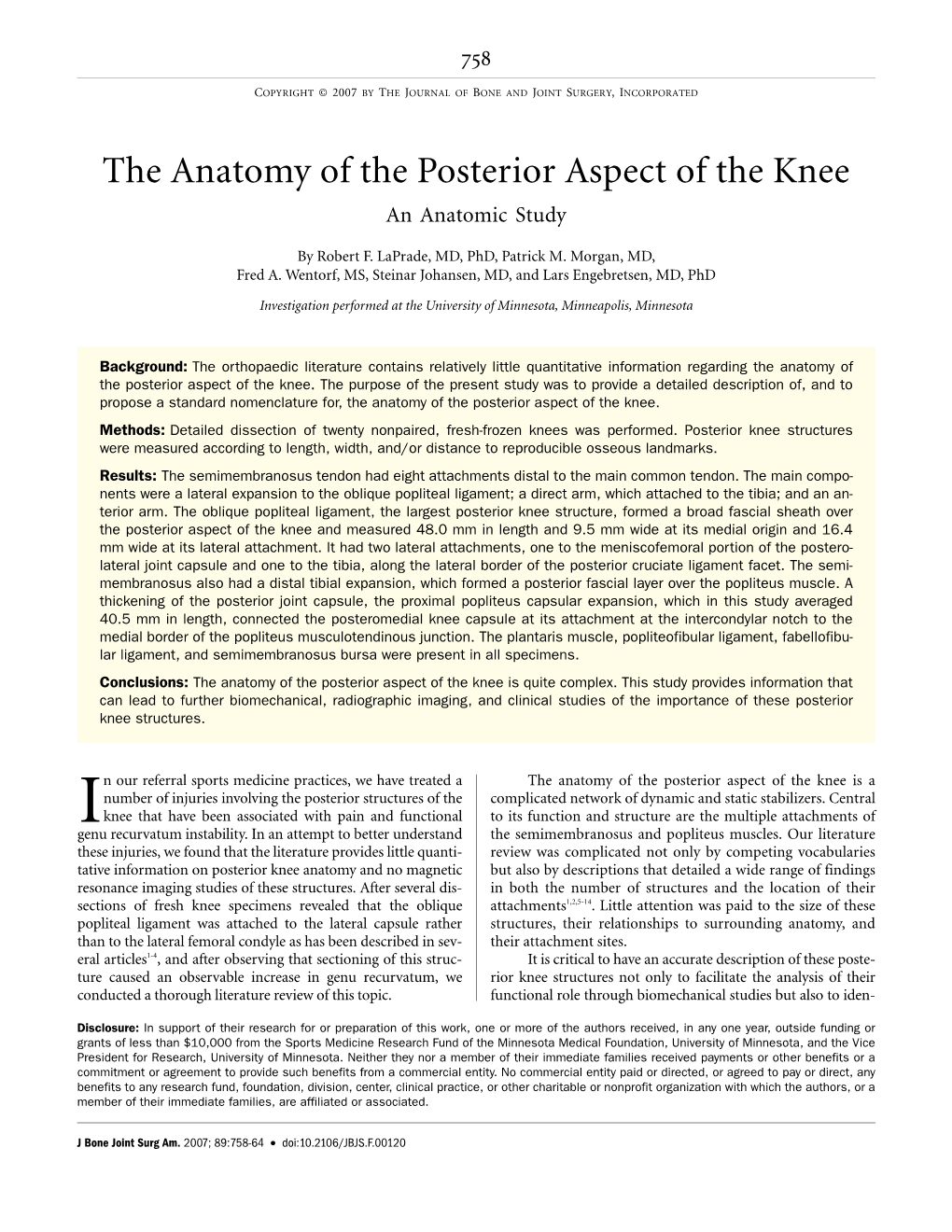 The Anatomy of the Posterior Aspect of the Knee. an Anatomic Study