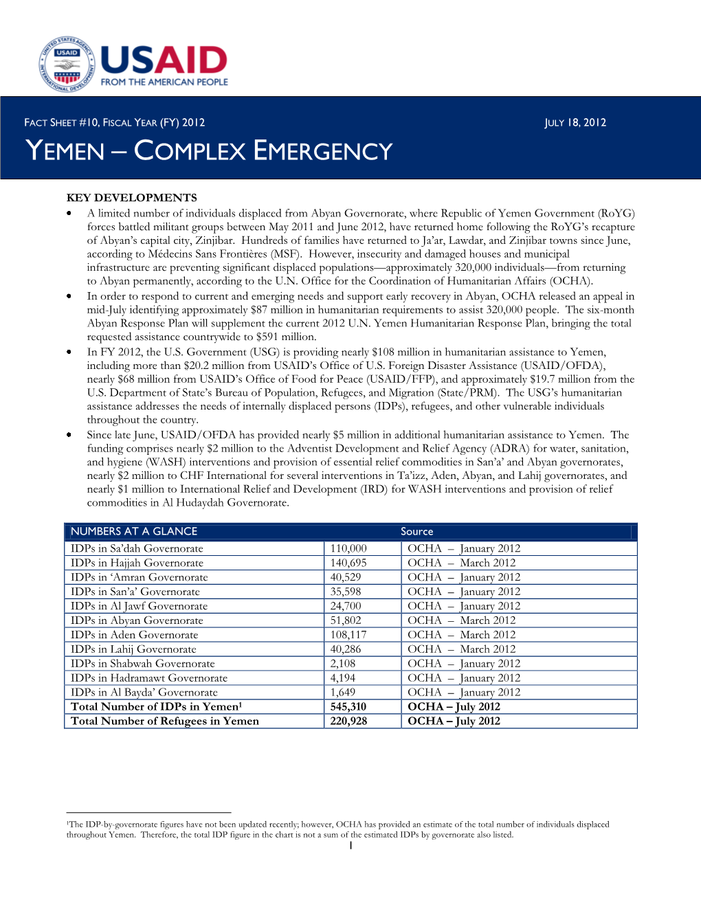 07.18.12-USAID-DCHA Yemen Complex Emergency