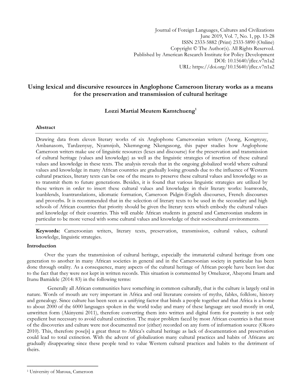 Using Lexical and Discursive Resources in Anglophone Cameroon Literary Works As a Means for the Preservation and Transmission of Cultural Heritage