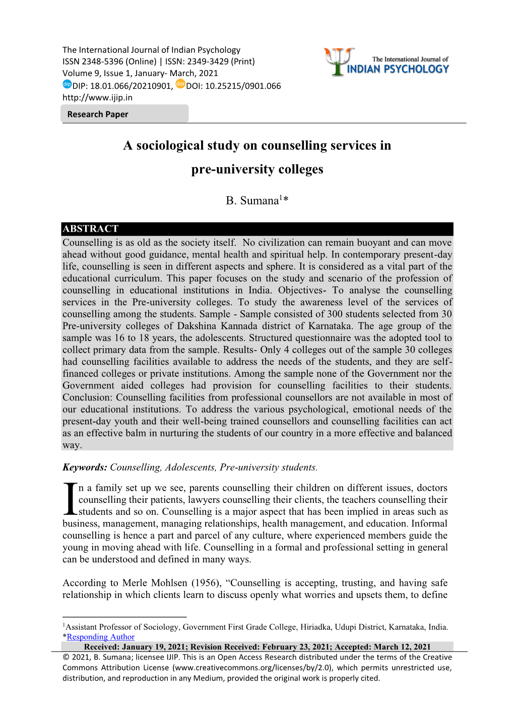 A Sociological Study on Counselling Services in Pre-University Colleges