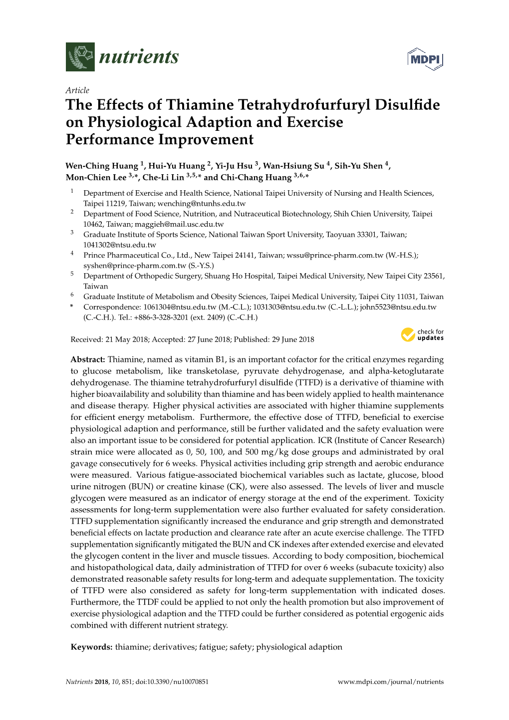 The Effects of Thiamine Tetrahydrofurfuryl Disulfide On