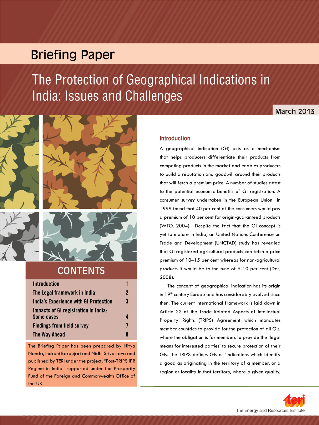 The Protection of Geographical Indications in India: Issues and Challenges March 2013