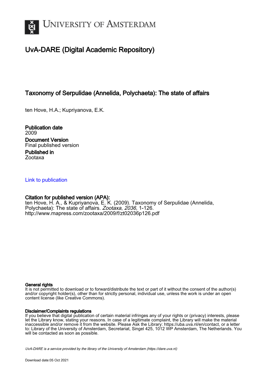 Zootaxa, Taxonomy of Serpulidae (Annelida, Polychaeta): the State Of