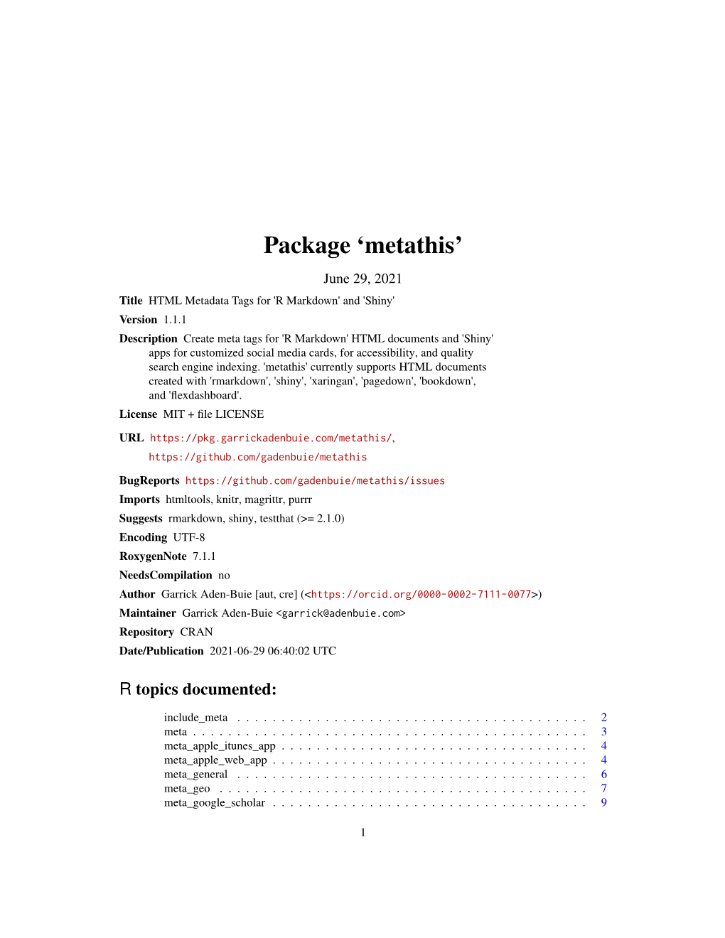 Metathis: HTML Metadata Tags for 'R Markdown' and 'Shiny'