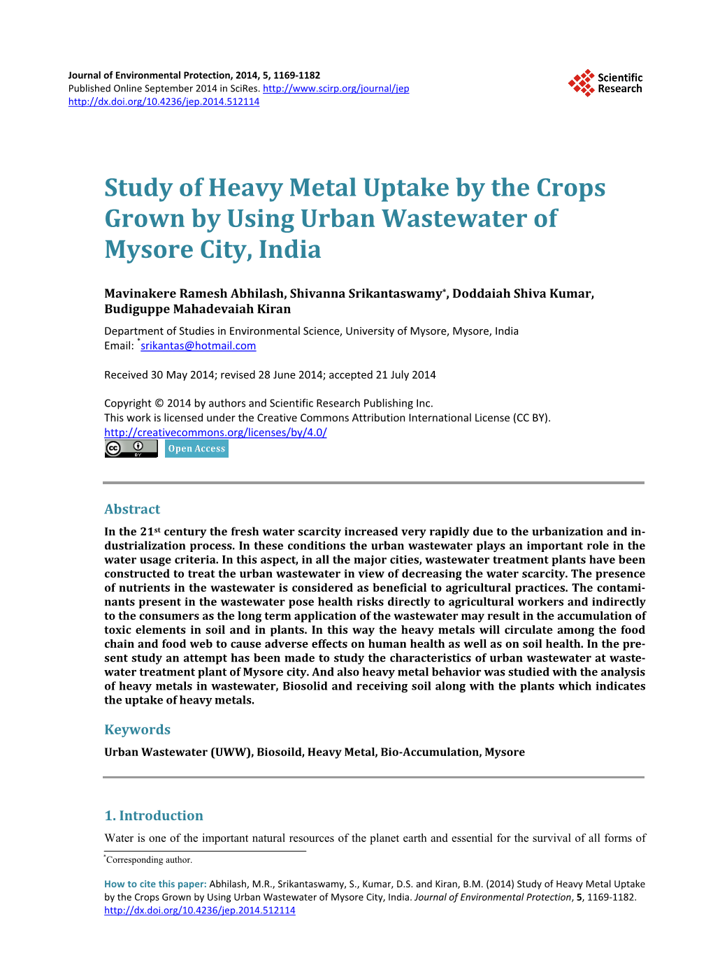 Study of Heavy Metal Uptake by the Crops Grown by Using Urban Wastewater of Mysore City, India