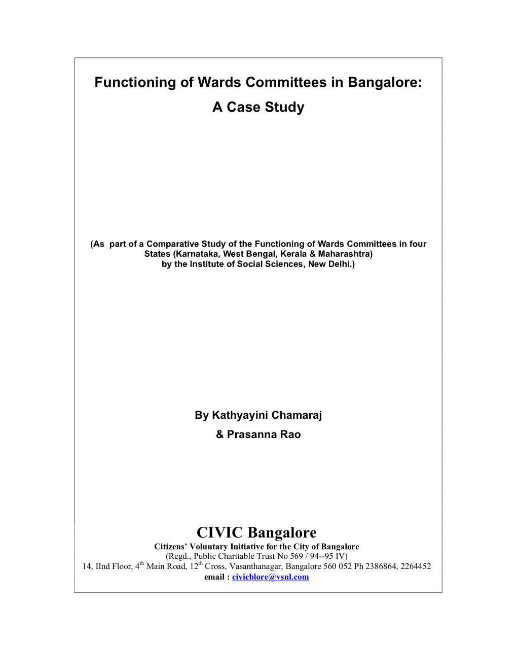Functioning of Wards Committees in Bangalore: a Case Study