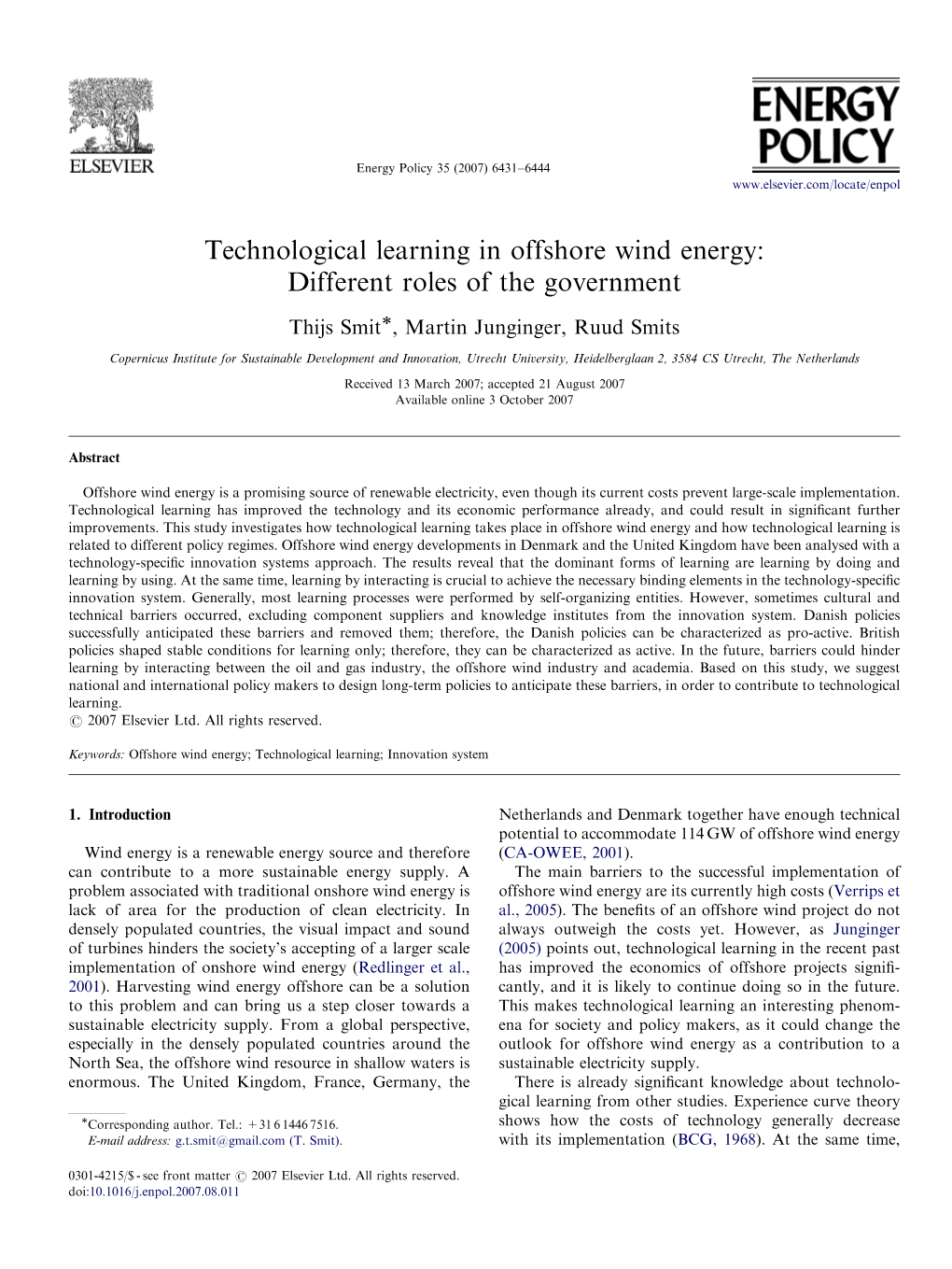 Technological Learning in Offshore Wind Energy: Different Roles of the Government