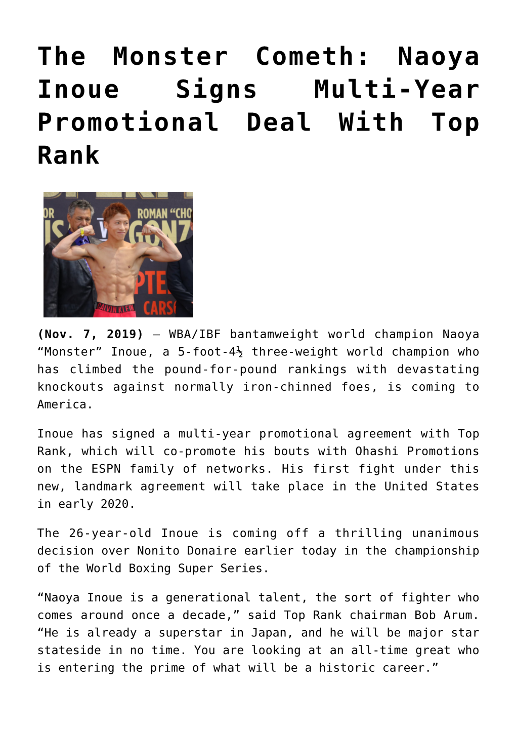 The Monster Cometh: Naoya Inoue Signs Multi-Year Promotional Deal with Top Rank
