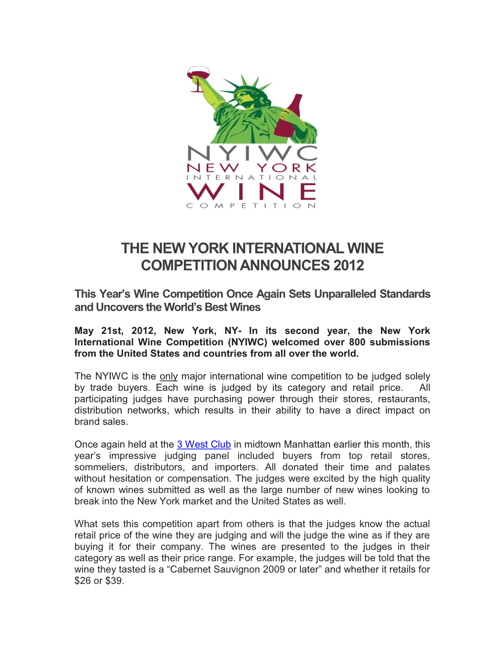 The New York International Wine Competition Announces 2012